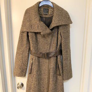 Mackage Brown Plaid Long Wool Belted Trench Coat, sz M.